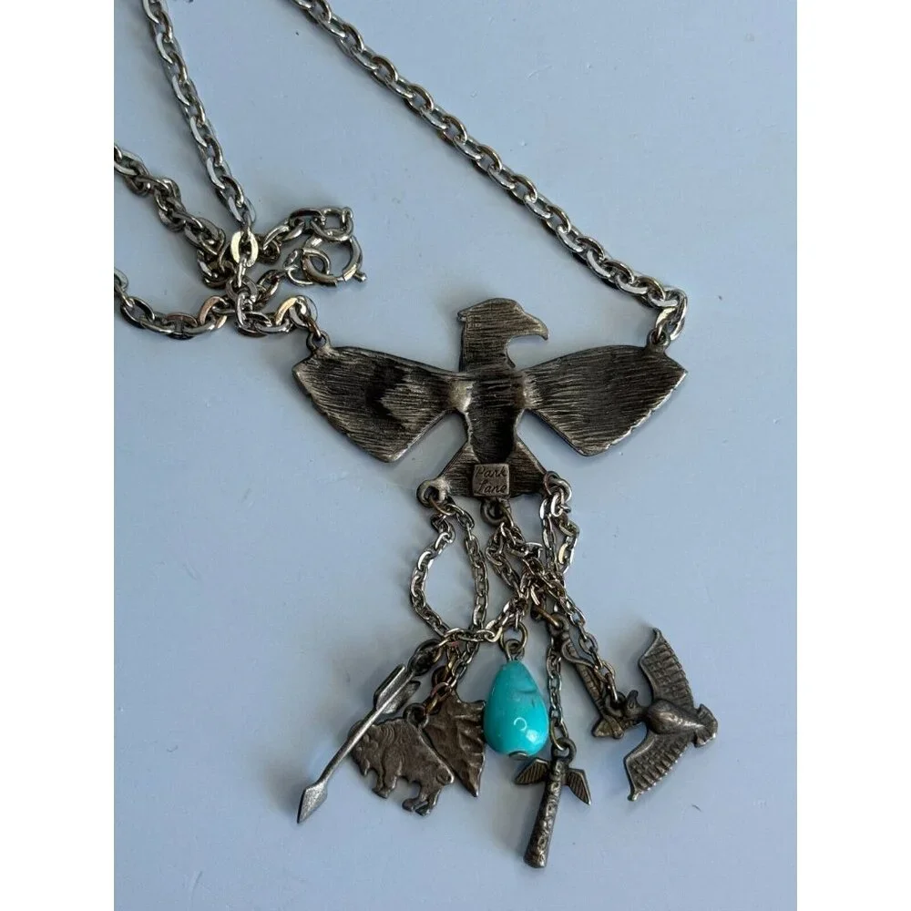 Vintage Park Lane Block Turquoise Tribal Charm Peyote Bird Southwestern Necklace - Picture 9 of 10